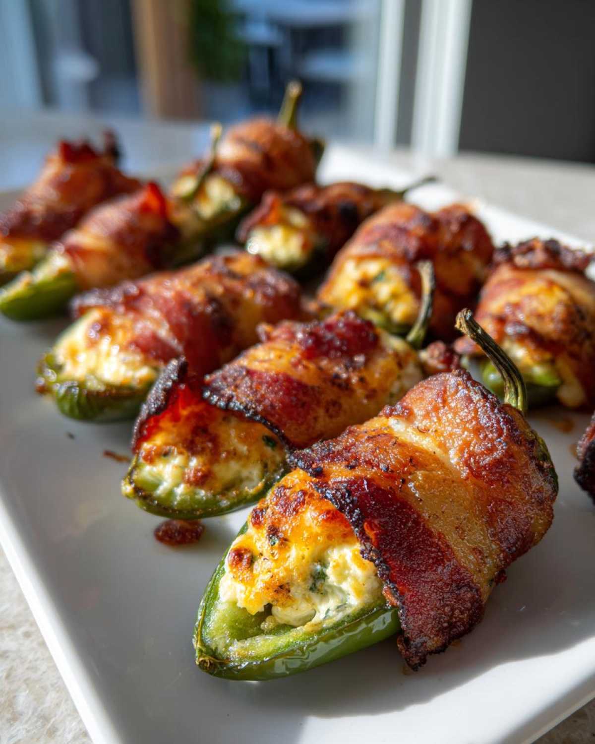 A platter of crispy Air Fryer Stuffed Jalapeno Poppers with Bacon, showing creamy filling and browned bacon.