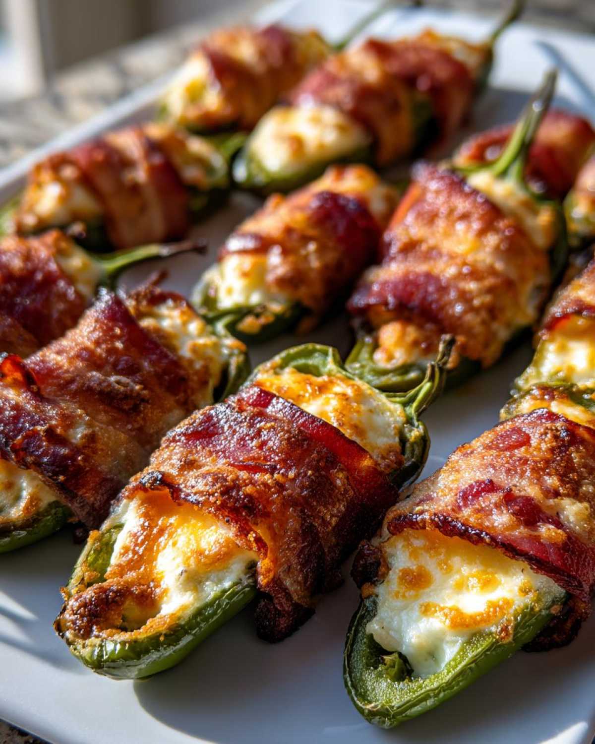 Close-up of crispy, bacon-wrapped Air Fryer Stuffed Jalapeno Poppers filled with melted cheese.