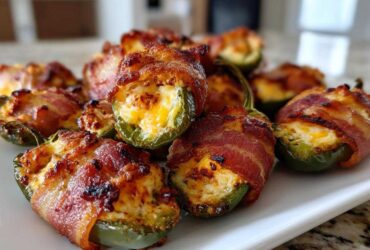 Close-up of several Air Fryer Stuffed Jalapeno Poppers with Bacon piled on a white platter.