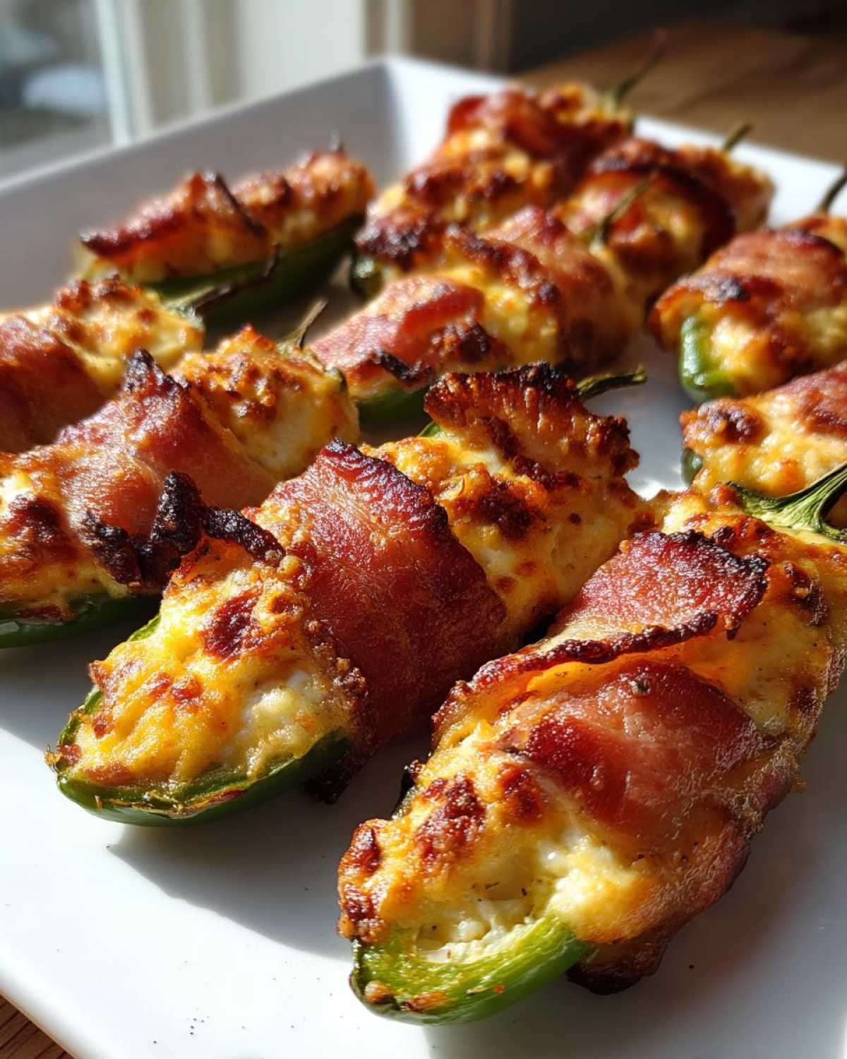 Close-up of crispy Air Fryer Stuffed Jalapeno Poppers with Bacon arranged on a white platter.