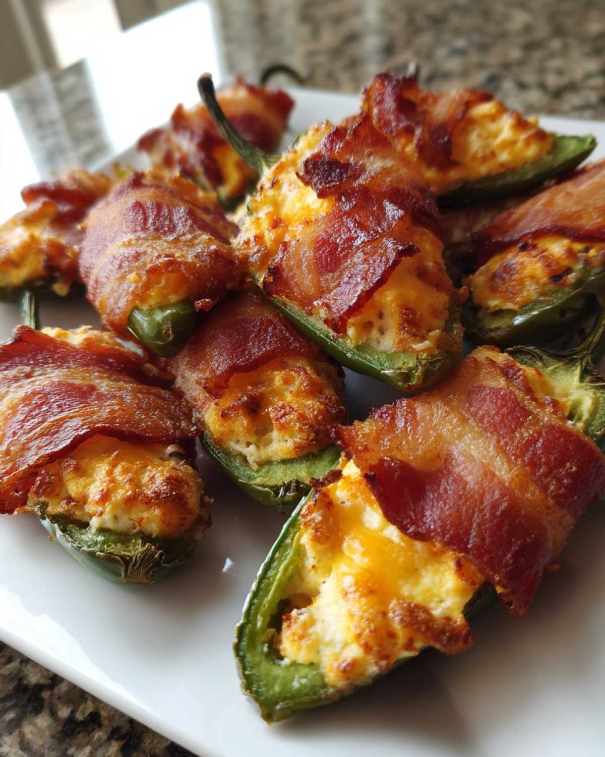 A plate of freshly cooked Air Fryer Stuffed Jalapeno Poppers with Bacon, showing creamy filling and crispy bacon.