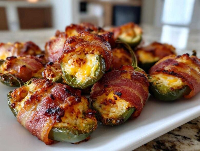 Close-up of several Air Fryer Stuffed Jalapeno Poppers with Bacon piled on a white platter.