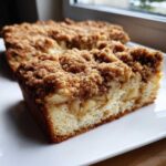 Close-up of a moist slice of apple crumb cake showing tender cake, visible apple pieces, and a thick cinnamon streusel topping.