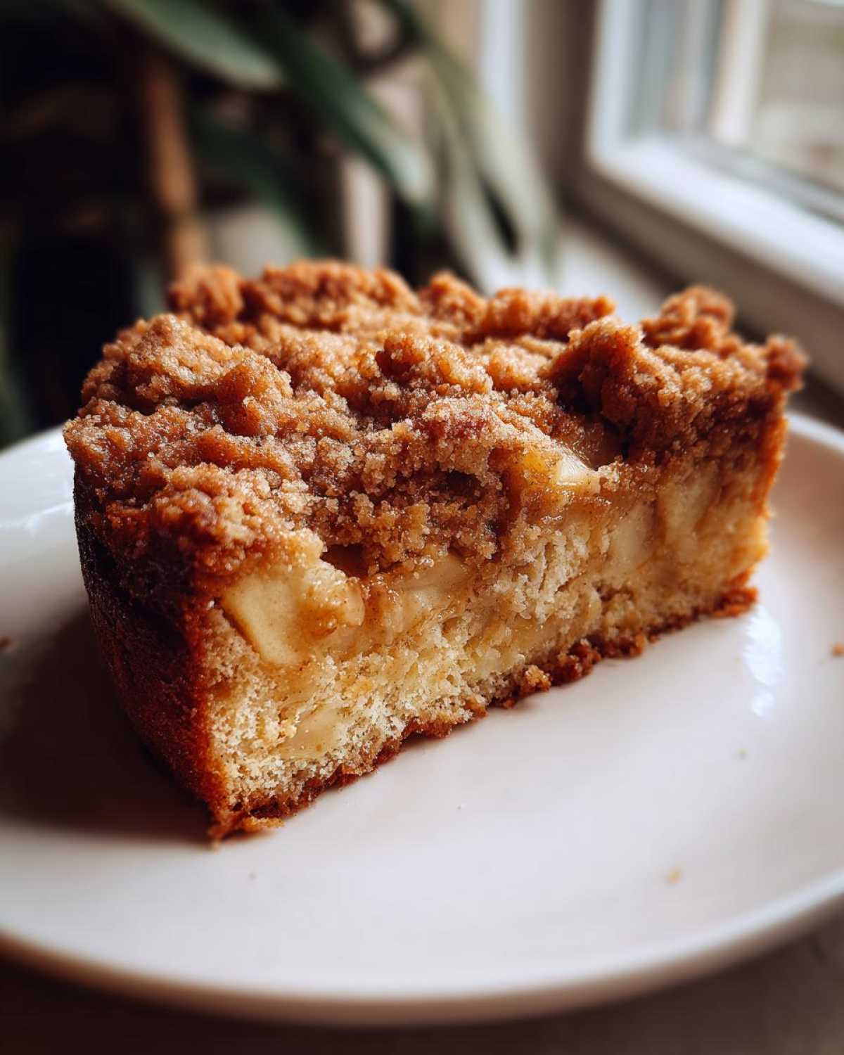 A close-up view of a moist slice of amazing apple crumb cake with a thick, crunchy topping.