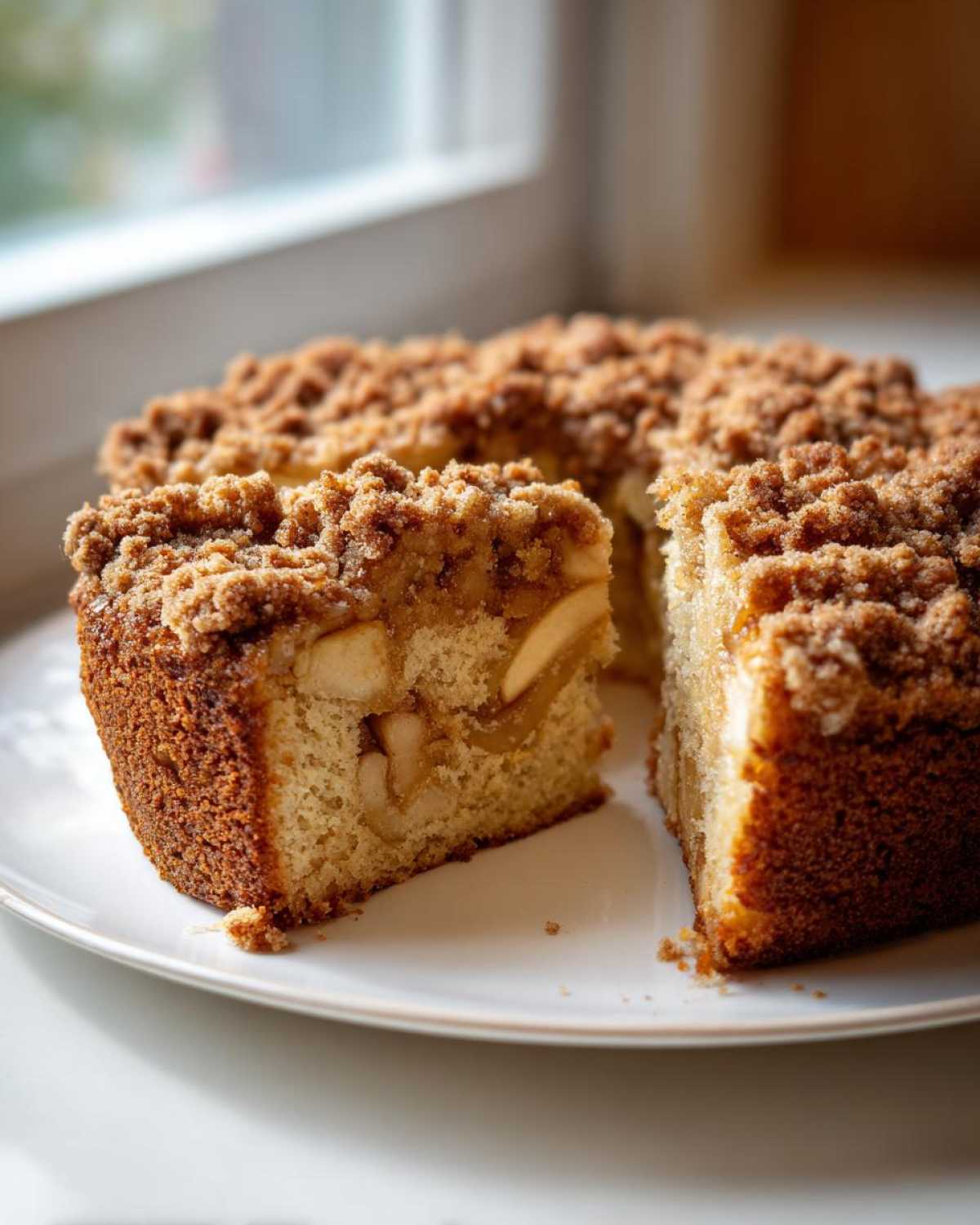 A close-up of an amazing apple crumb cake with a thick brown sugar crumb topping, showing soft cake and apple filling.