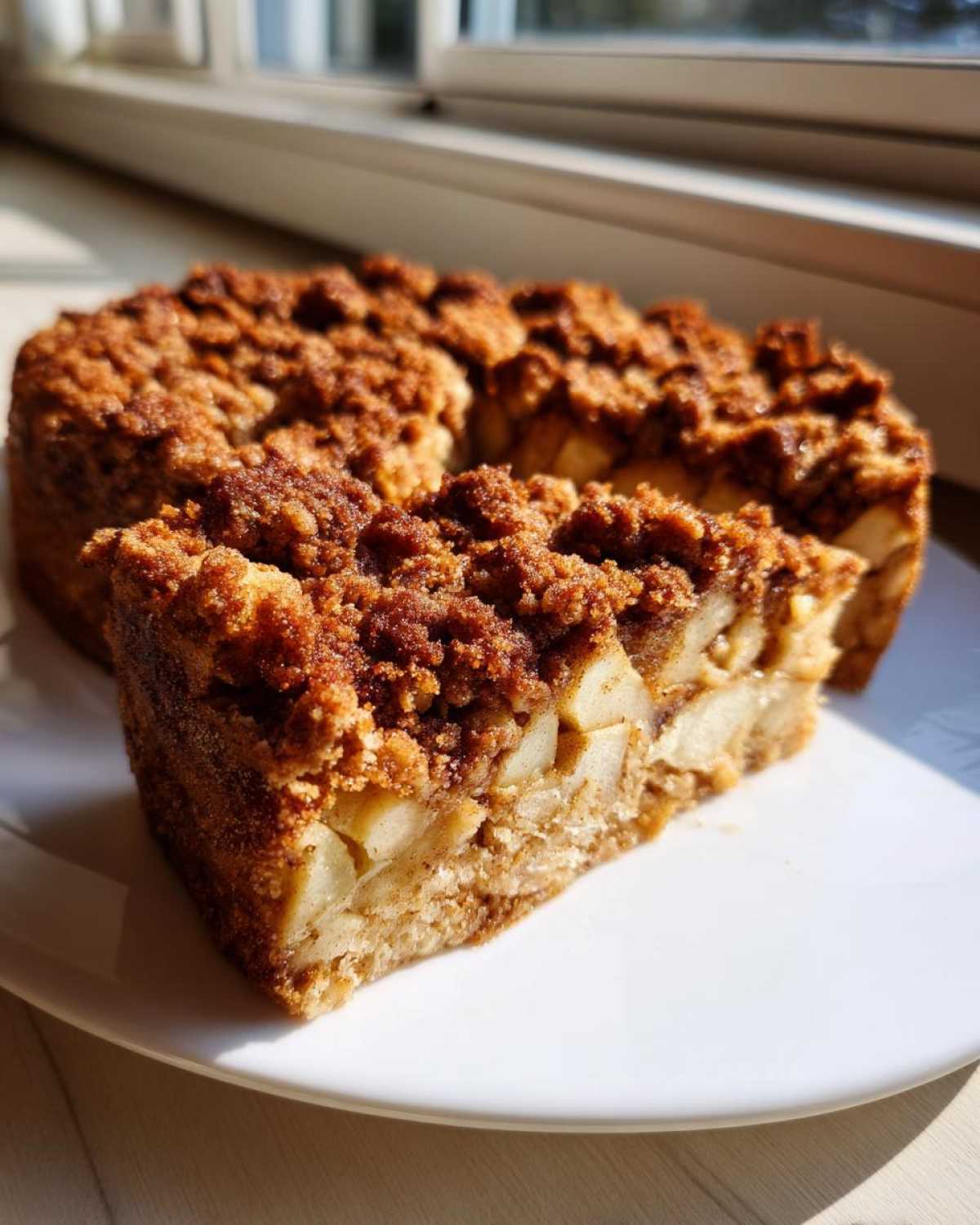 A generous slice of amazing apple crumb cake showing chunky baked apples and a thick, dark brown cinnamon crumb topping.