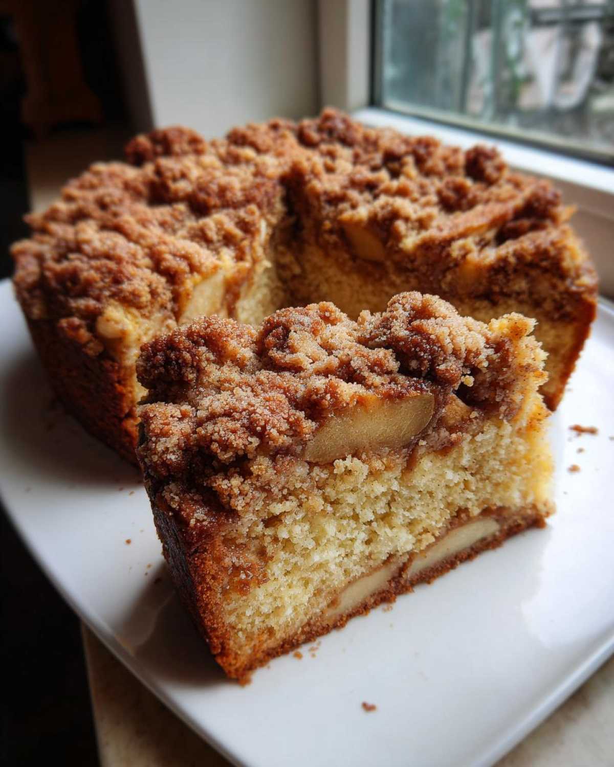 A close-up of a slice of moist apple crumb cake showing the tender cake base, baked apple slices, and thick cinnamon streusel topping.