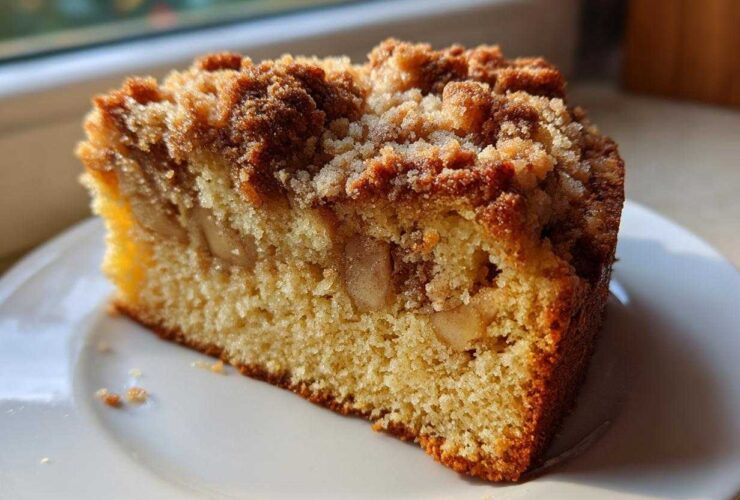 A close-up of a moist slice of apple crumb cake featuring visible apple chunks and a thick, golden brown crumb topping.