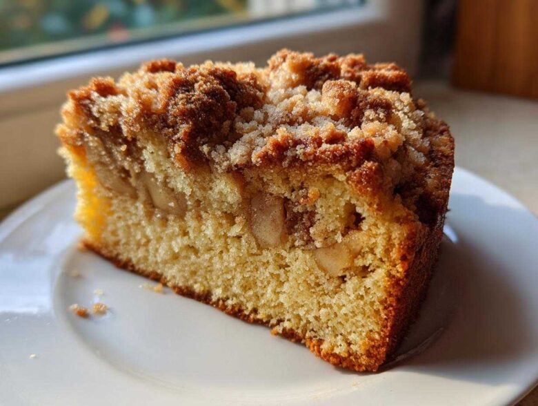 A close-up of a moist slice of apple crumb cake featuring visible apple chunks and a thick, golden brown crumb topping.
