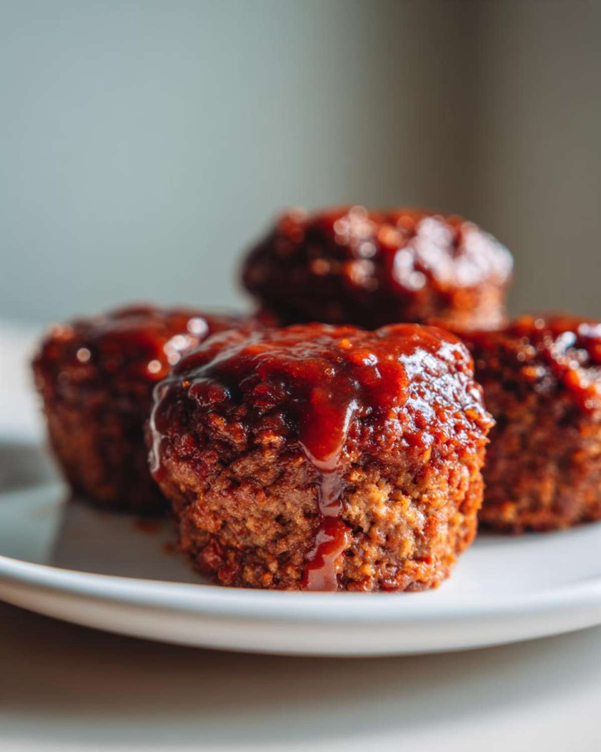 Four individual mini meatloaf portions topped with a thick, glossy red glaze, resting on a white plate.