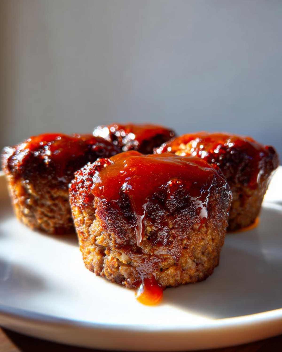 Four individual mini meatloaf portions topped with a thick, shiny red glaze, served on a white plate.