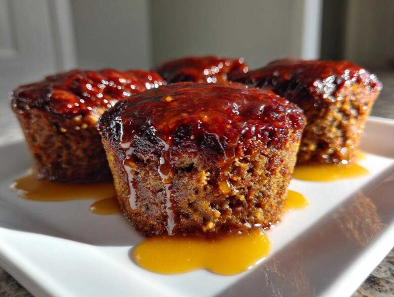 Four perfectly shaped mini meatloaf muffins topped with a thick, glossy red glaze, sitting on a white plate.