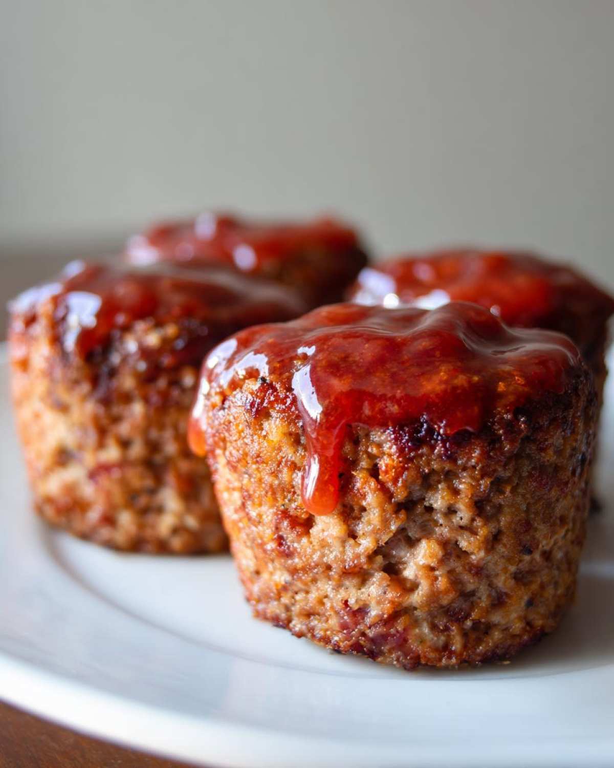 Four perfectly baked mini meatloaf portions topped with a thick, dripping red glaze on a white plate.