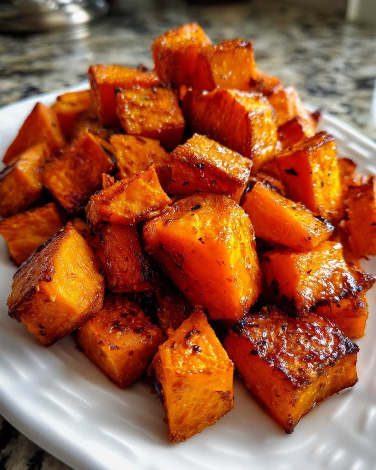 Close-up of perfectly caramelized, glossy roasted sweet potatoes cubes piled on a white plate.
