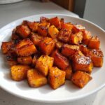 Close-up of a white plate piled high with perfectly caramelized roasted sweet potatoes cubes.