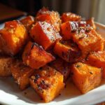 Close-up of beautifully caramelized and seasoned roasted sweet potatoes cubes piled on a white plate.