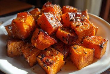 Close-up of beautifully caramelized and seasoned roasted sweet potatoes cubes piled on a white plate.
