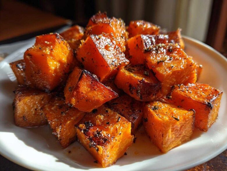 Close-up of beautifully caramelized and seasoned roasted sweet potatoes cubes piled on a white plate.