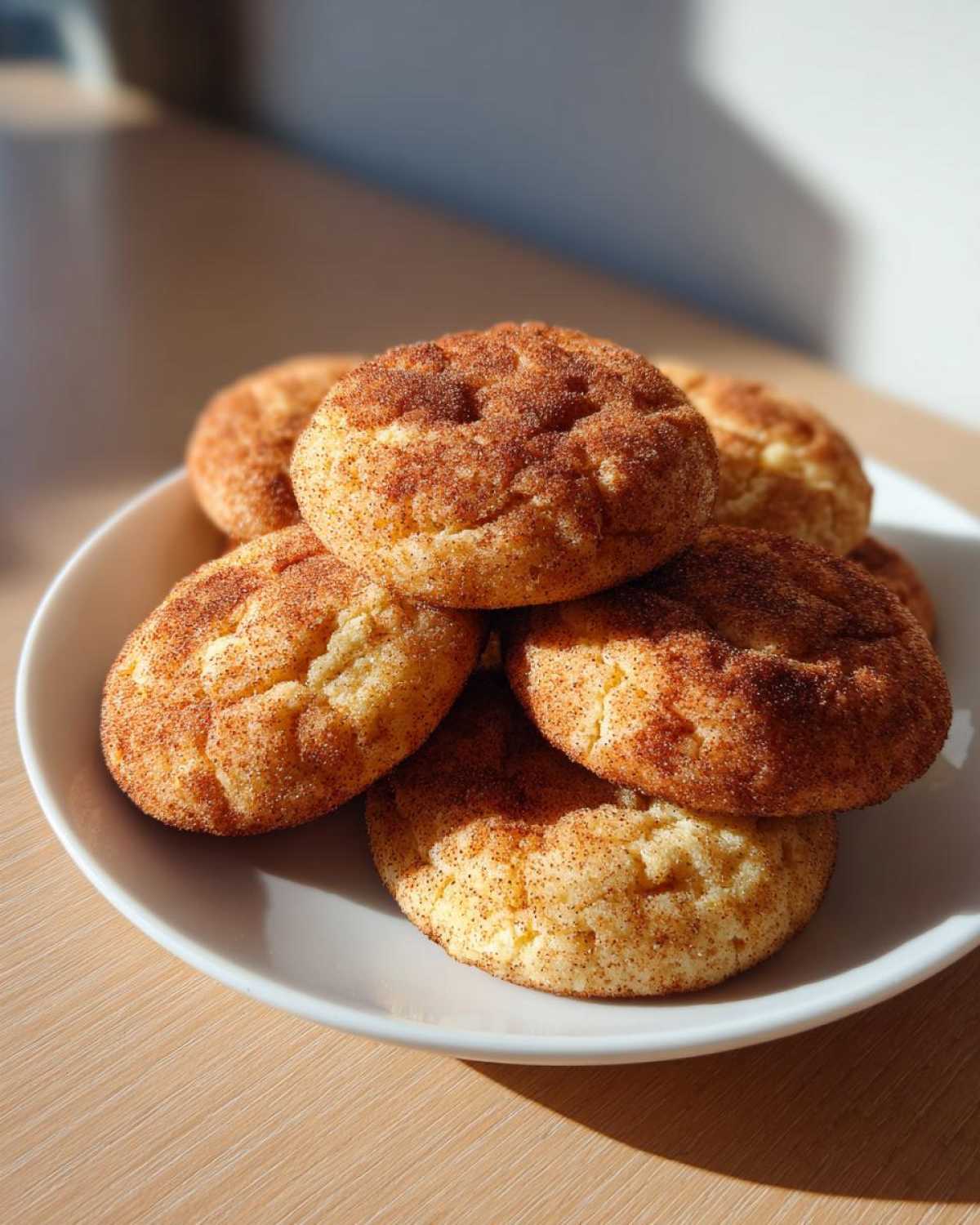 A close-up of a stack of soft, chewy snickerdoodles generously coated in cinnamon sugar, resting on a white plate.