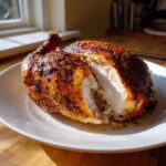 A perfectly cooked spatchcock chicken, cut open to show juicy white meat and crispy, seasoned skin.
