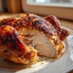 A perfectly cooked spatchcock chicken, sliced open to show moist white meat and crispy, seasoned skin.