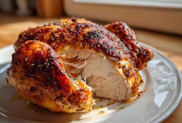 A perfectly cooked spatchcock chicken, sliced open to show moist white meat and crispy, seasoned skin.