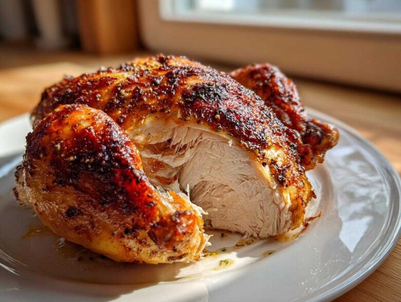 A perfectly cooked spatchcock chicken, sliced open to show moist white meat and crispy, seasoned skin.
