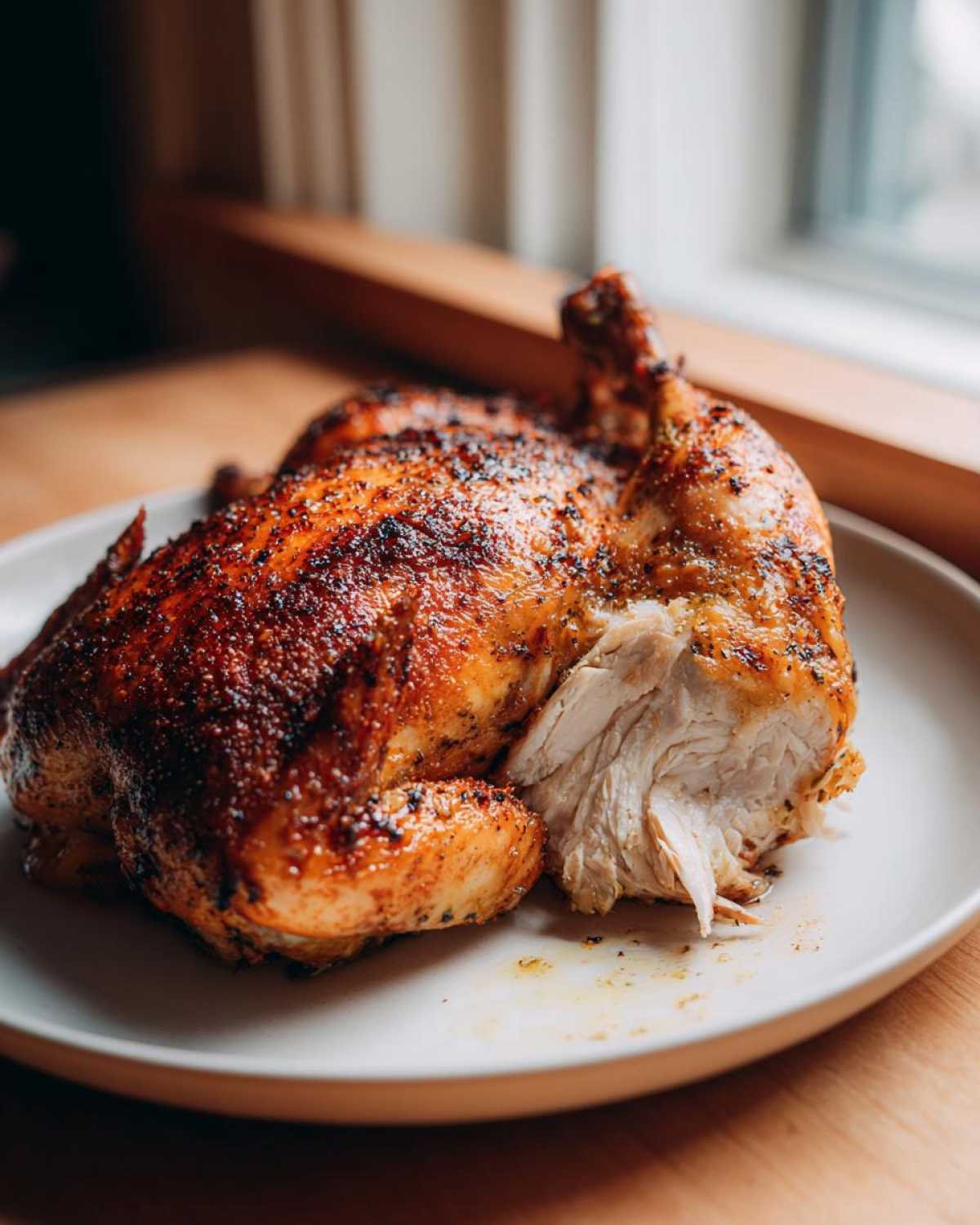 A beautifully roasted spatchcock chicken on a white plate, showing juicy white meat where a piece has been removed.