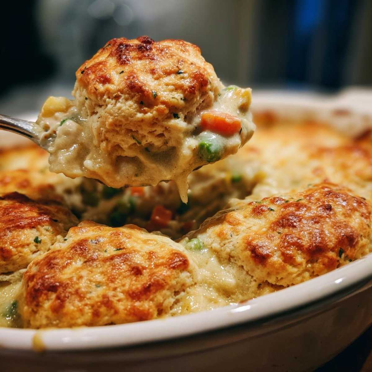 A spoonful of creamy filling with chicken and vegetables being lifted from a baked chicken pot pie casserole topped with biscuits.