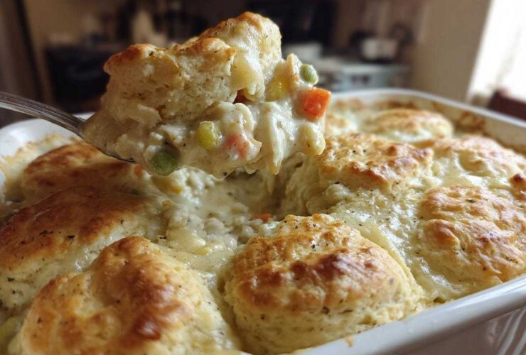 A spoonful of creamy chicken pot pie casserole filling with vegetables being lifted above the baking dish.