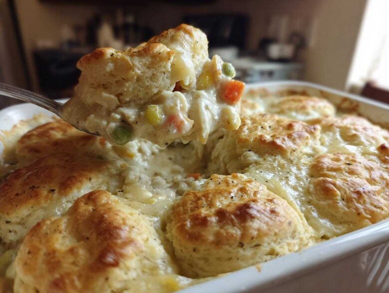 A spoonful of creamy chicken pot pie casserole filling with vegetables being lifted above the baking dish.