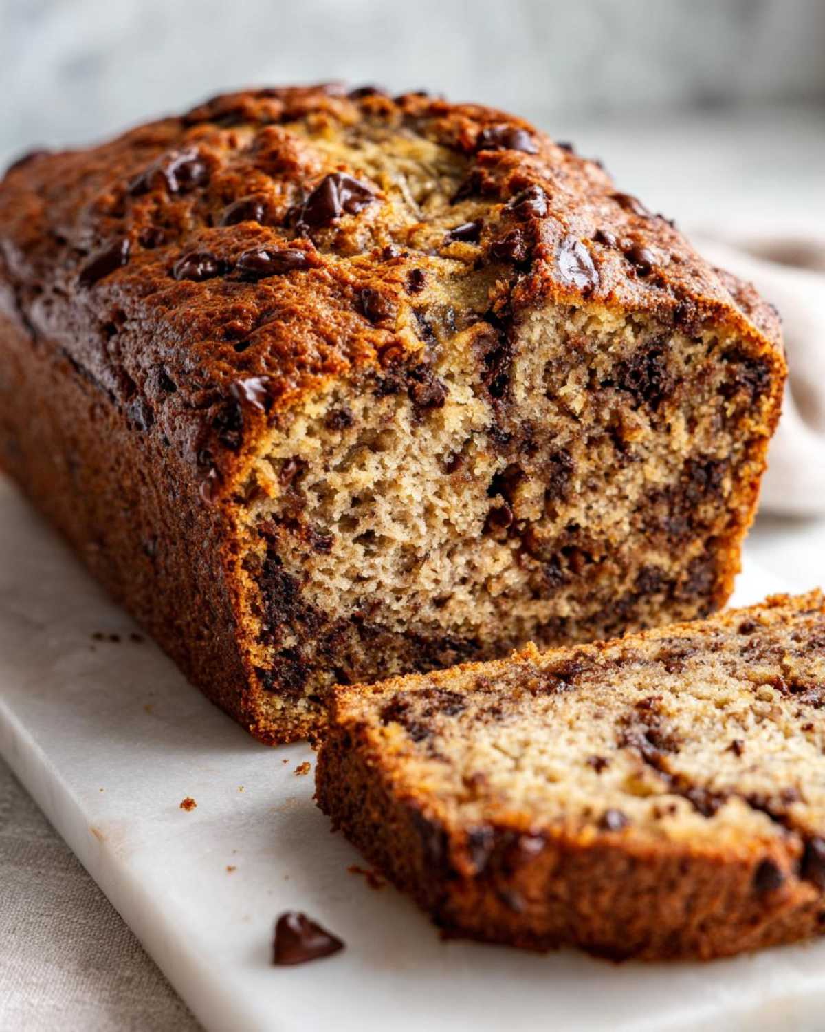 A moist loaf of chocolate chip vegan banana bread, partially sliced on a white marble board.