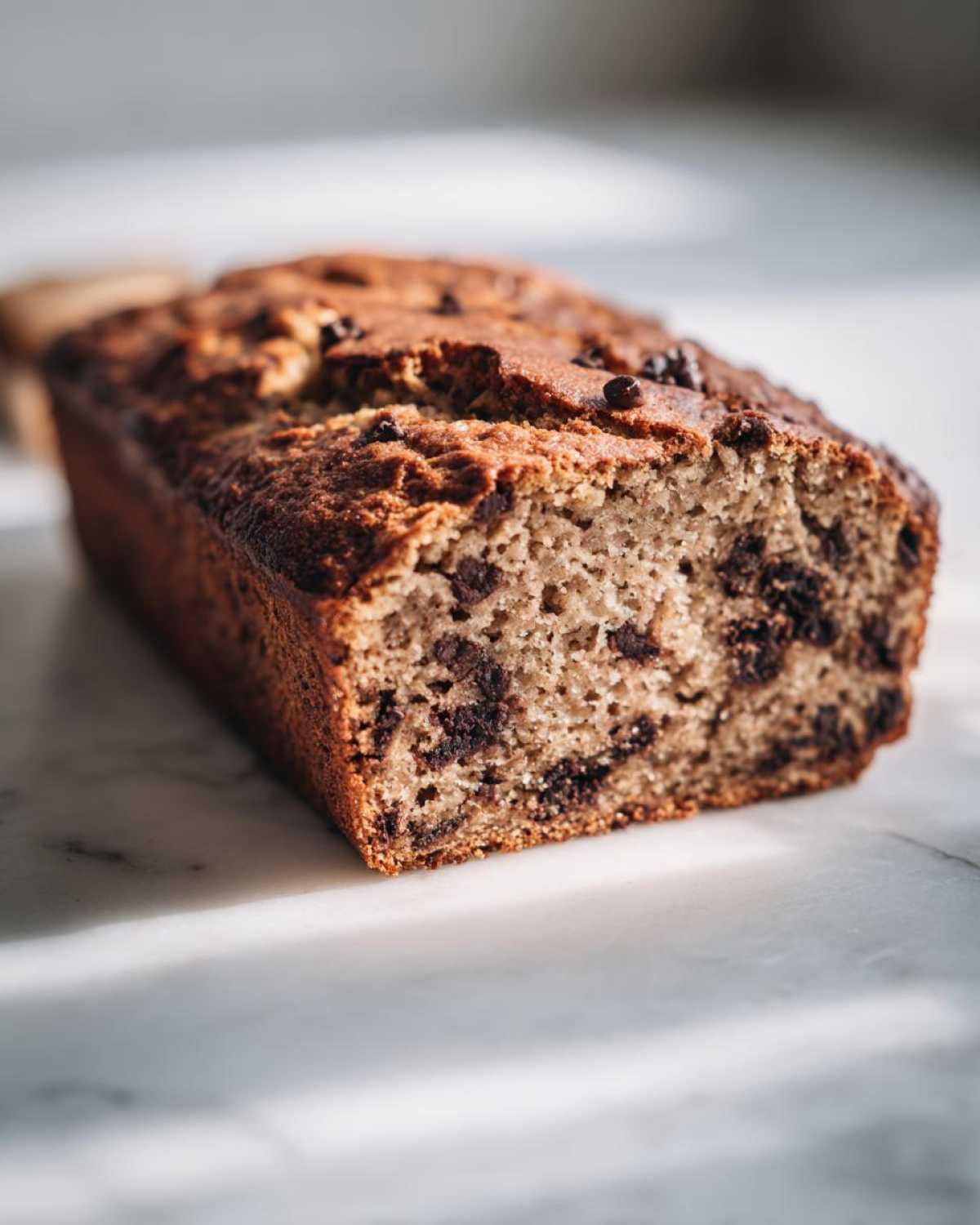 A close-up, slightly angled shot of a freshly baked chocolate chip vegan banana bread loaf resting on a marble surface.