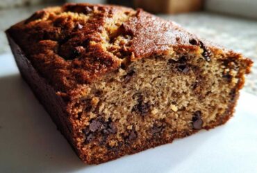 A close-up, cross-section view of a moist chocolate chip vegan banana bread loaf with a golden-brown crust.
