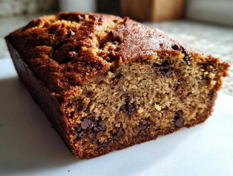 A close-up, cross-section view of a moist chocolate chip vegan banana bread loaf with a golden-brown crust.