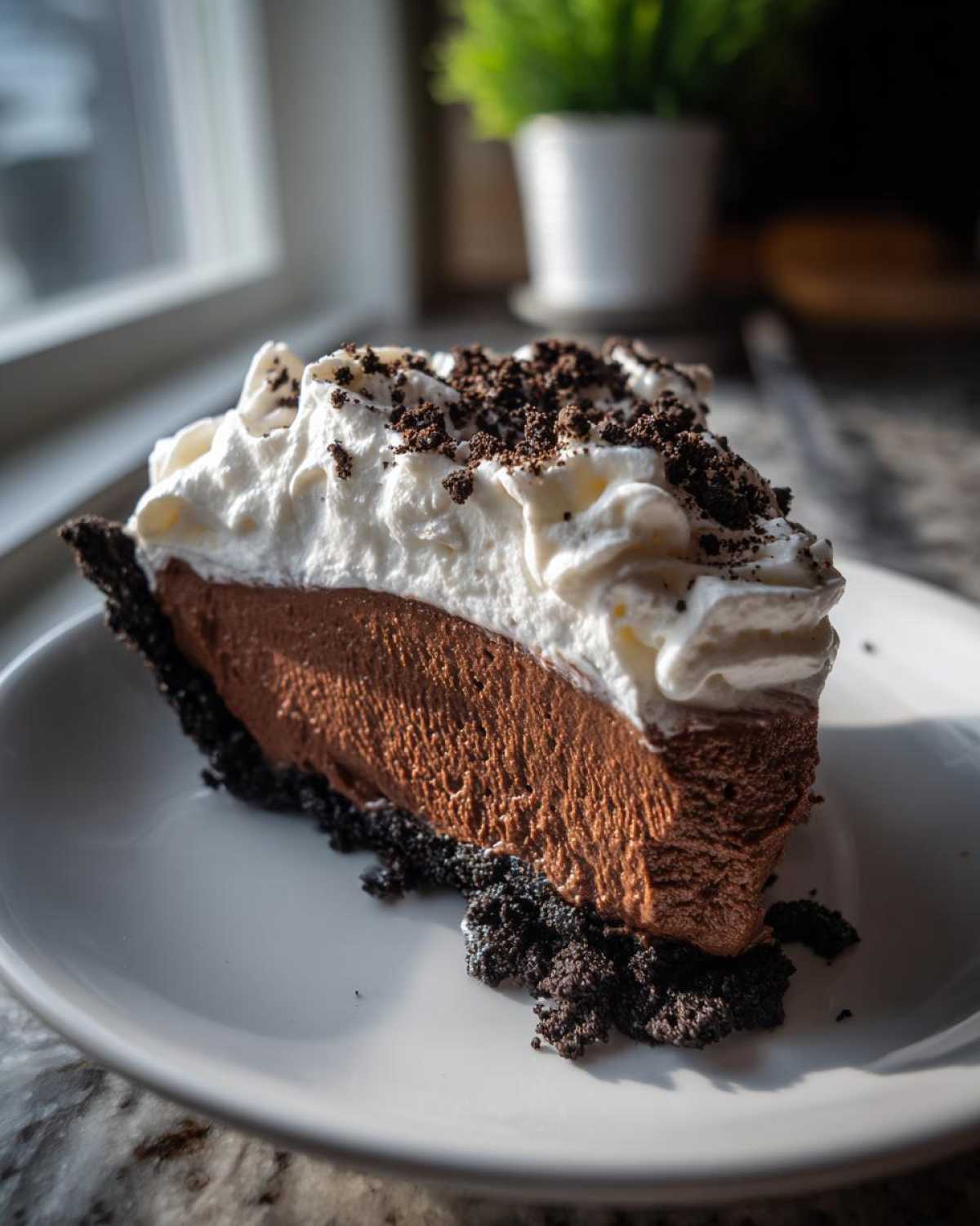 A decadent slice of chocolate mousse pie featuring a thick chocolate filling, dark crust, and topped with whipped cream and cookie crumbs.