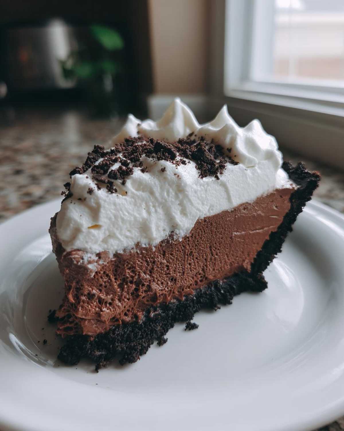 Close-up of a decadent slice of chocolate mousse pie featuring a dark crust, rich filling, and piped whipped cream topping.
