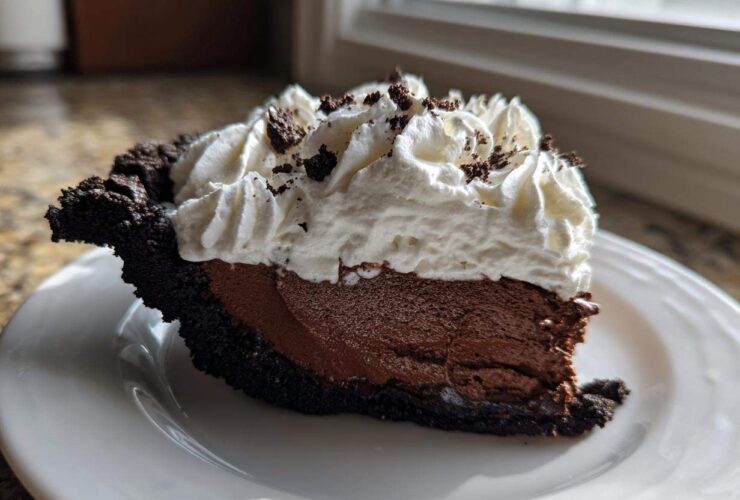 A decadent slice of chocolate mousse pie featuring a dark crust, rich filling, and topped with whipped cream and chocolate shavings.