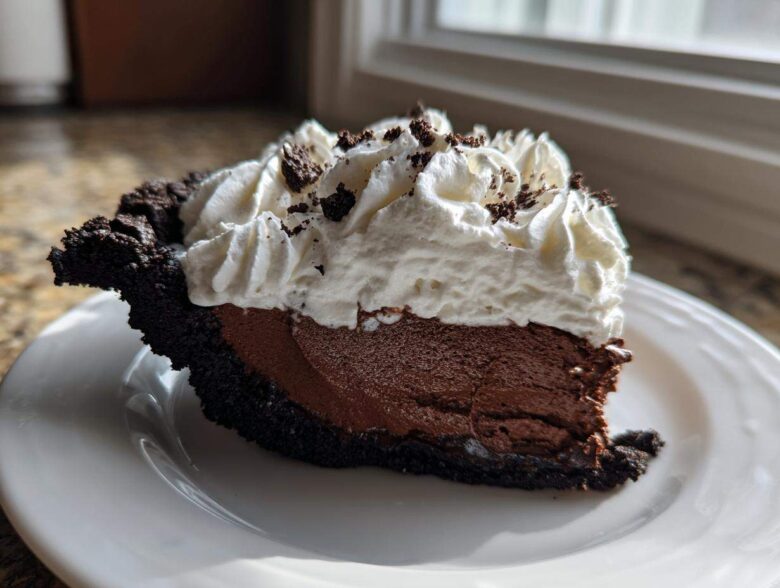 A decadent slice of chocolate mousse pie featuring a dark crust, rich filling, and topped with whipped cream and chocolate shavings.