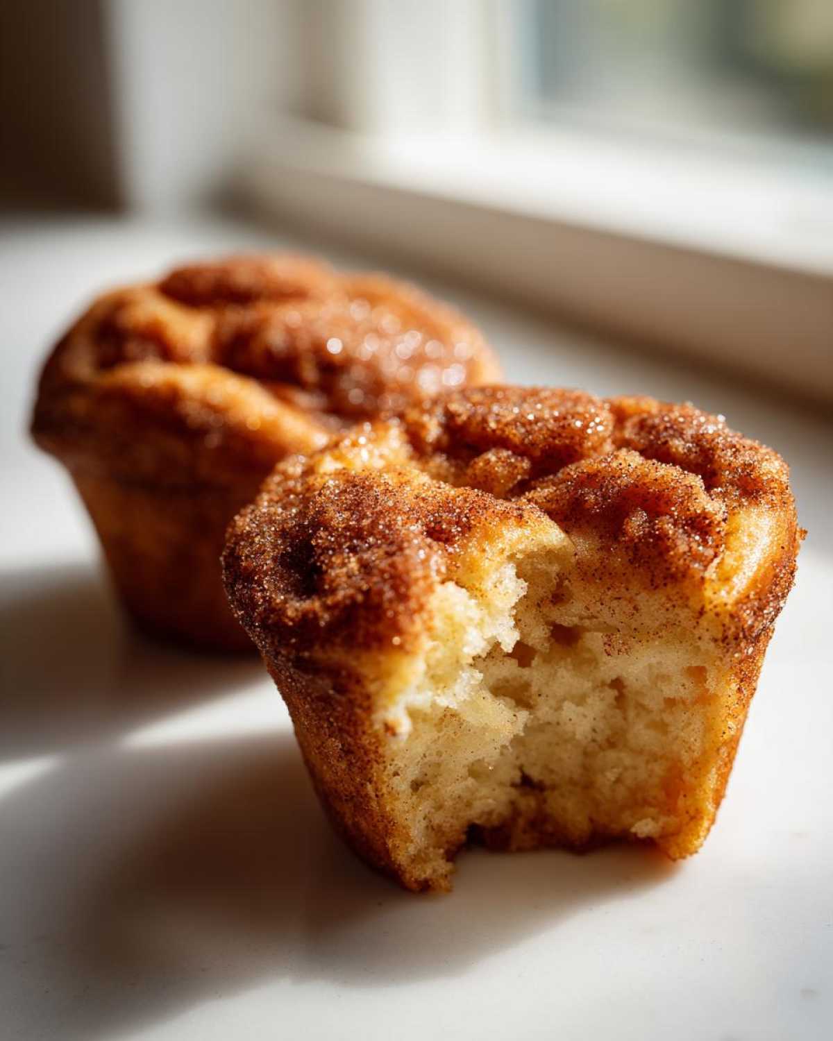 Close-up of a fluffy cinnamon sugar french toast muffin with a bite taken out, showing the soft interior.