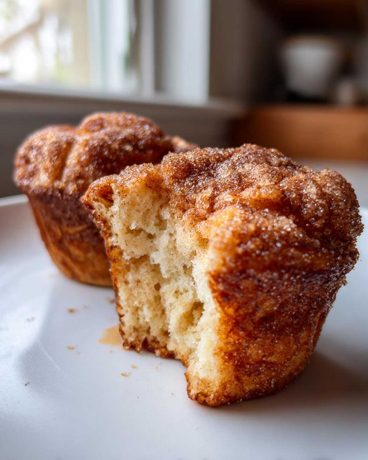 Close-up of a cinnamon sugar french toast muffin broken open, showing the fluffy interior and sugary crust.