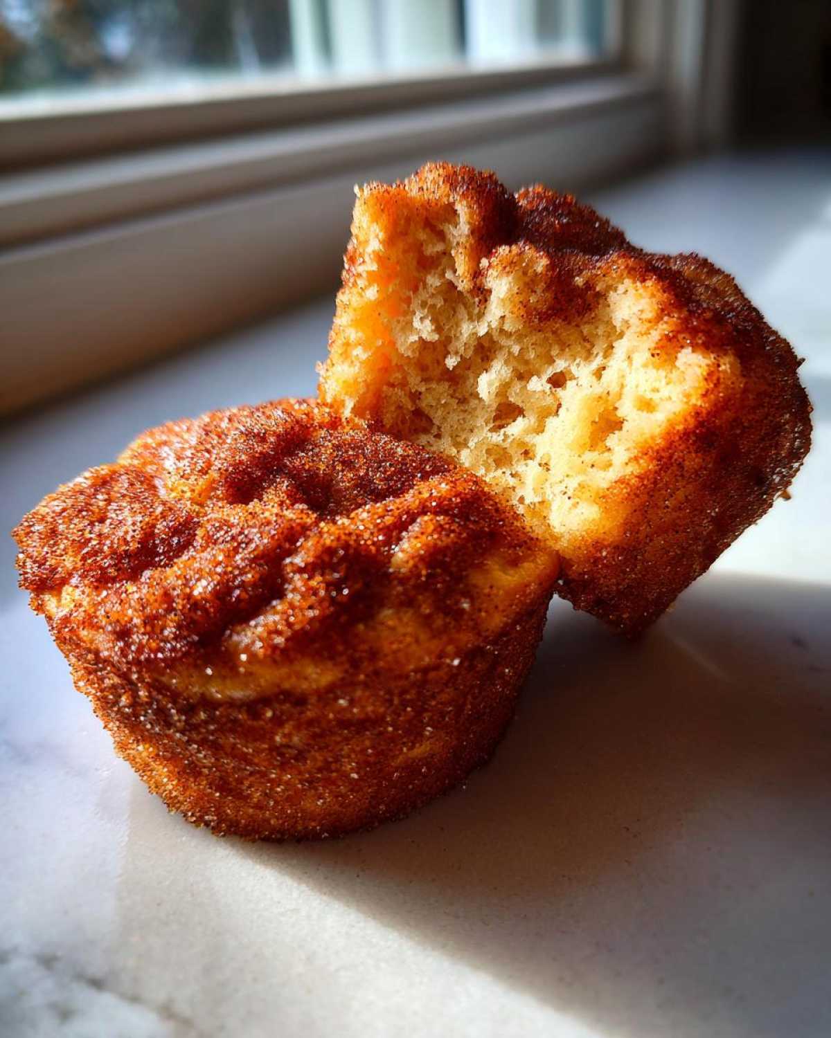 Close-up of a cinnamon sugar french toast muffin cut in half showing the fluffy interior texture.