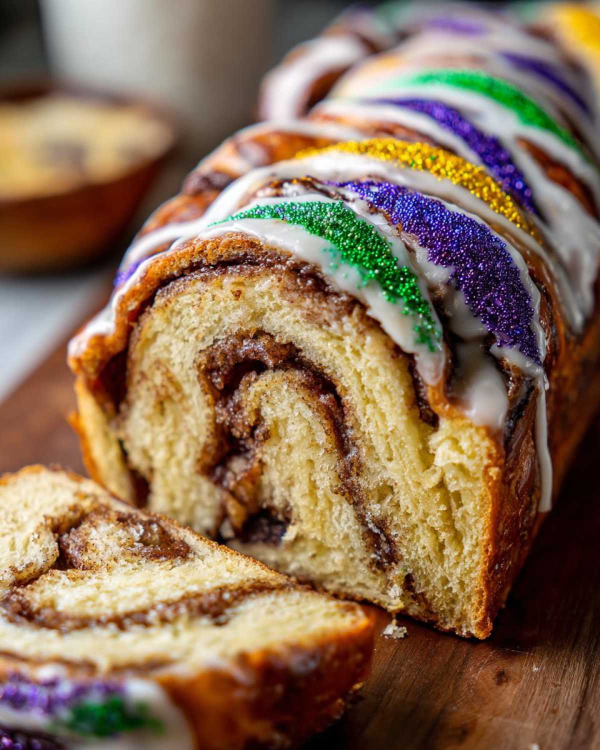 A cross-section view of a braided king cake showing cinnamon swirl filling, topped with white icing and green, gold, and purple sprinkles.