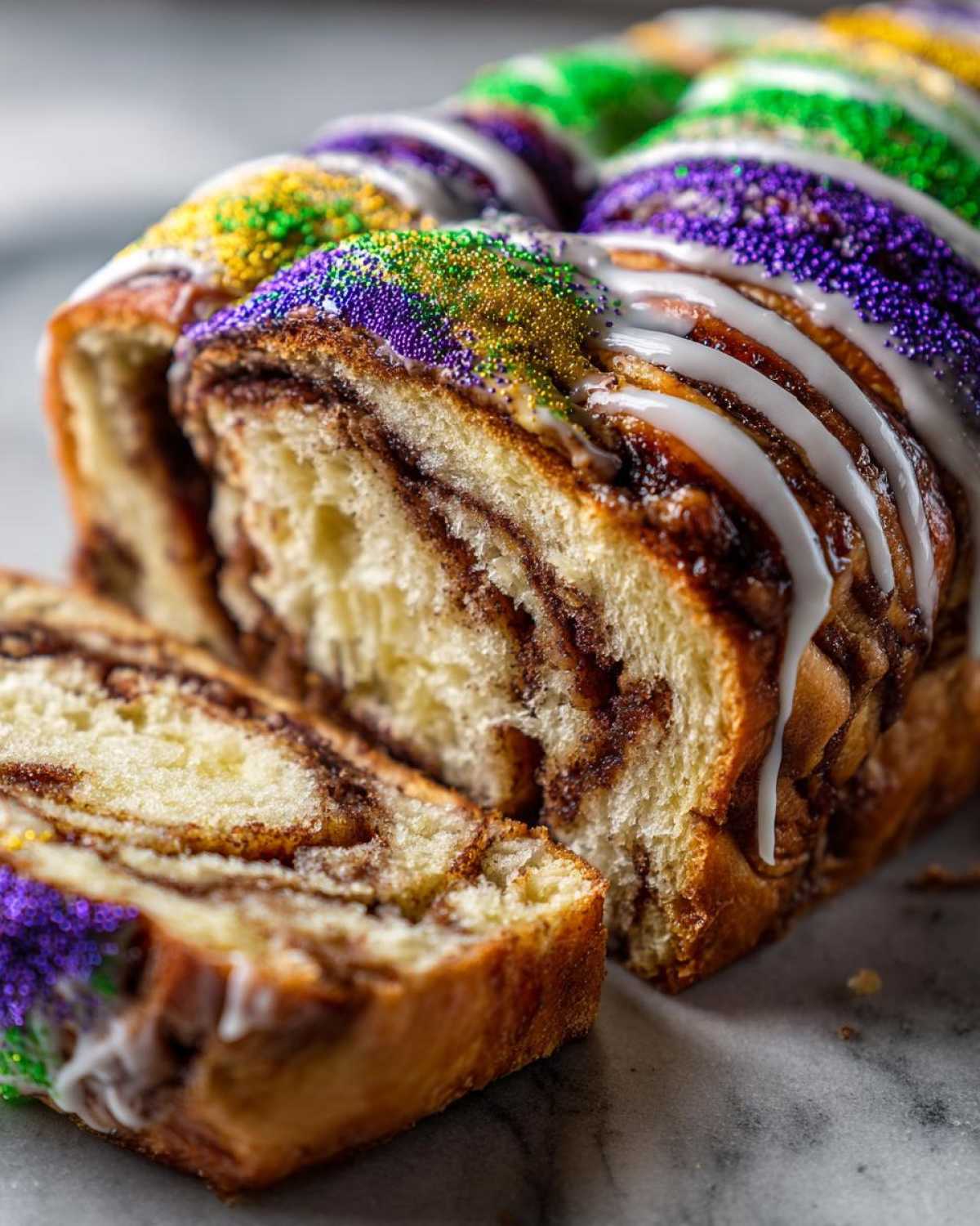 A close-up of a sliced cinnamon swirl king cake topped with white icing and purple, green, and gold sprinkles.