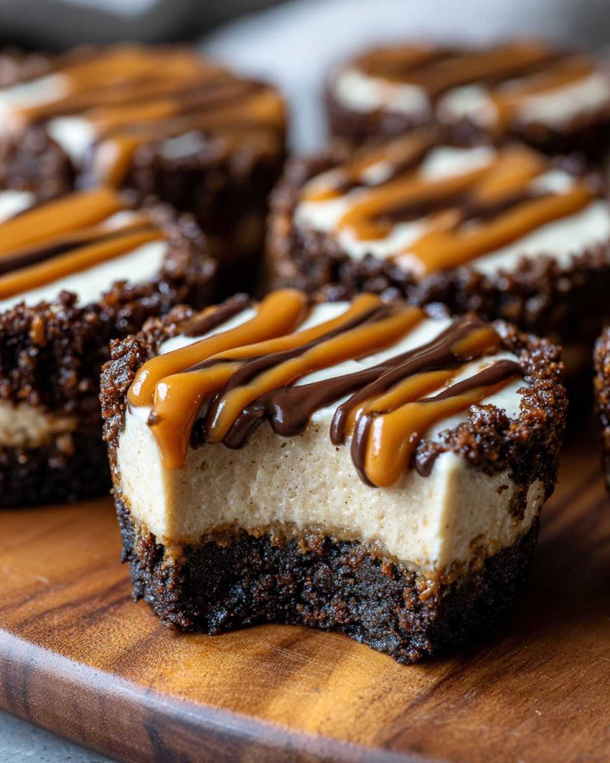 Close-up of a cookie butter cheesecake cup with a bite taken out, showing layers and caramel/chocolate drizzle.