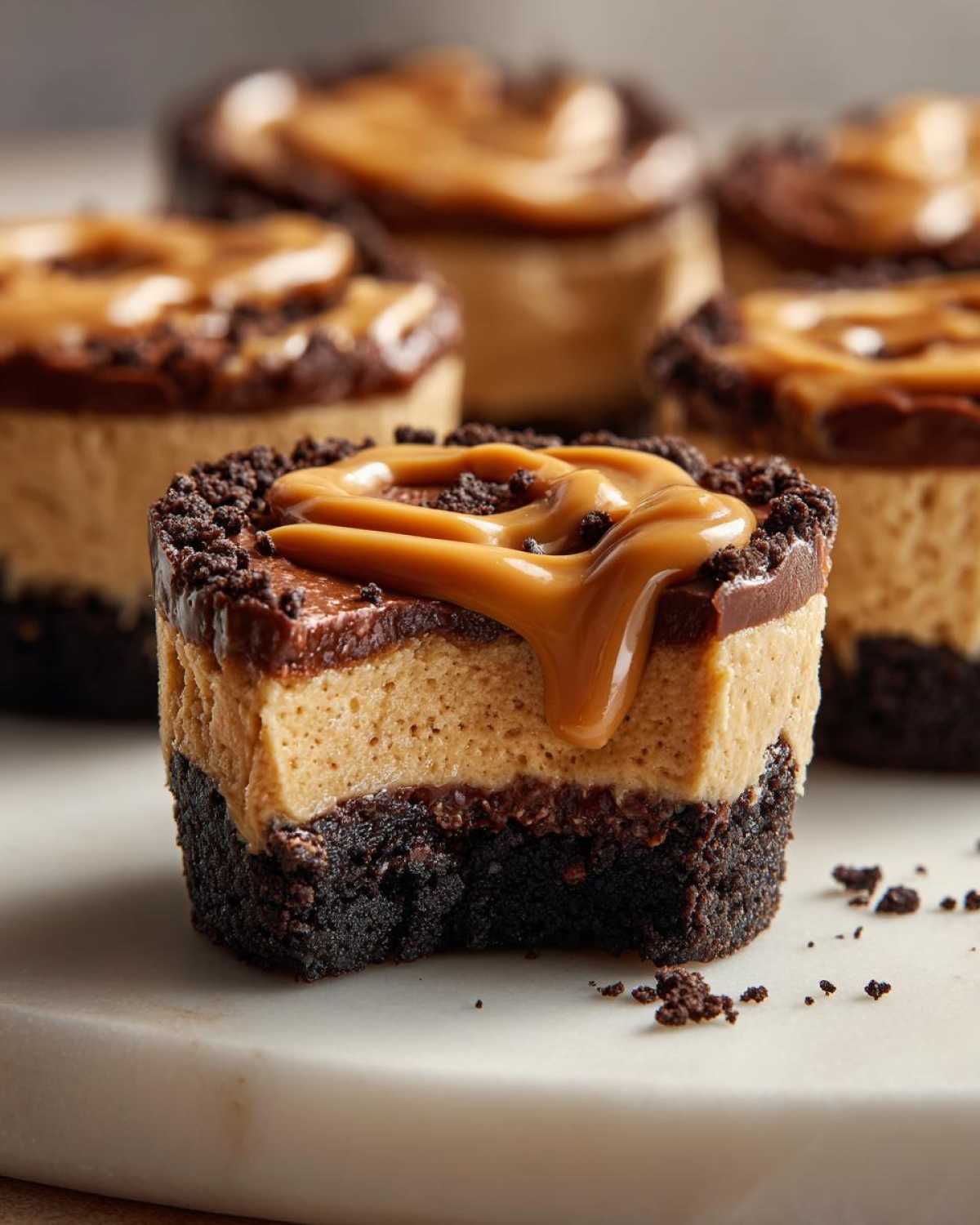 A cross-section view of a cookie butter cheesecake cup showing the dark crust, light filling, and caramel topping.
