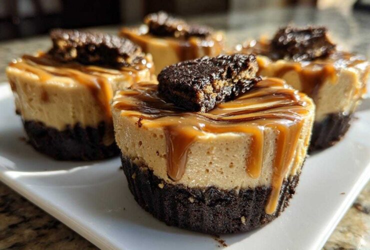 Close-up of individual cookie butter cheesecake cups topped with caramel drizzle and cookie crumbs.