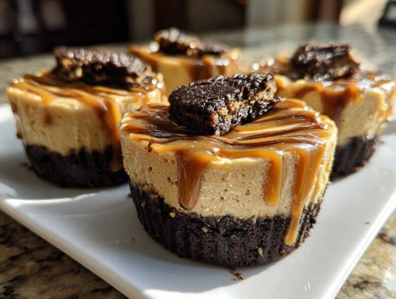 Close-up of individual cookie butter cheesecake cups topped with caramel drizzle and cookie crumbs.