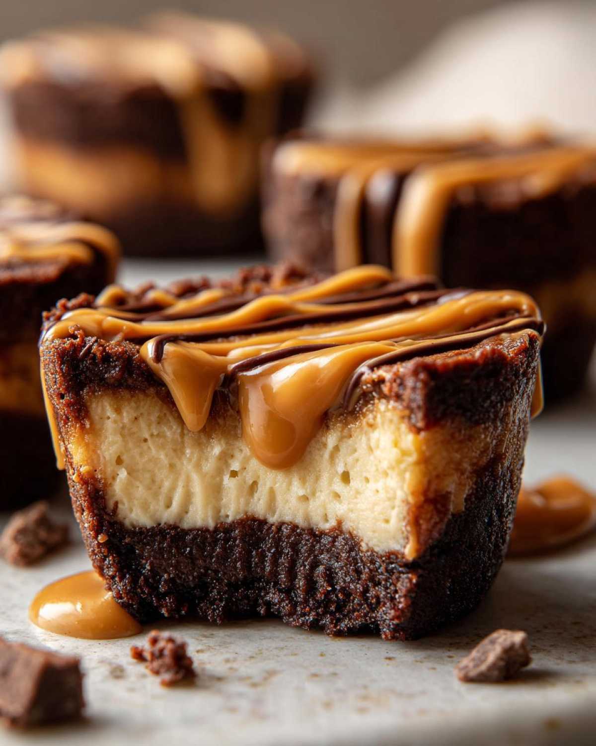 Close-up of a cookie butter cheesecake cup cut in half, showing the dark crust, creamy filling, and caramel drizzle.