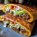 A Copycat Taco Bell Crunchwrap Supreme cut in half, showing seasoned beef, cheese, lettuce, tomato, and sour cream.